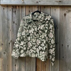 Bamboo Traders Sheer Floral Button Down Blouse. Green/White/Pink. Sz: XL